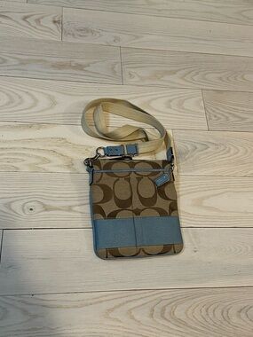 Coach Brown Signature Stripe Swingpack Crossbody with Blue Trim